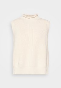 Ärmlös gräddfärgad tröja med hög krage, texturerat stickat mönster och ribbad nederkant. Har en volangkant vid kragen för extra detalj.