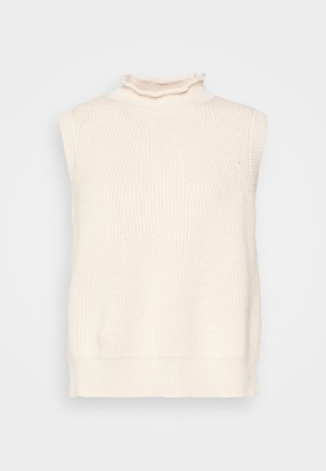 Ärmelloser Creme-Pullover mit Stehkragen, strukturiertem Strickmuster und geripptem Saum. Verfügt über eine Rüsche am Kragen für zusätzliche Details.