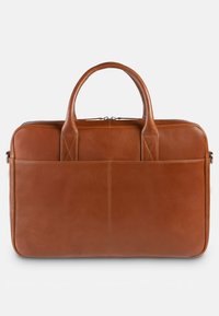Braune Leder-Laptoptasche mit zwei Obergriffen, rechteckiger Form und einfachem Design. Mit sichtbaren Nähten und einer Vordertasche ausgestattet.