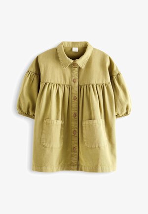 Veste boutonnée vert olive clair avec manches trois-quarts bouffantes, deux poches avant et un empiècement froncé sous le col.