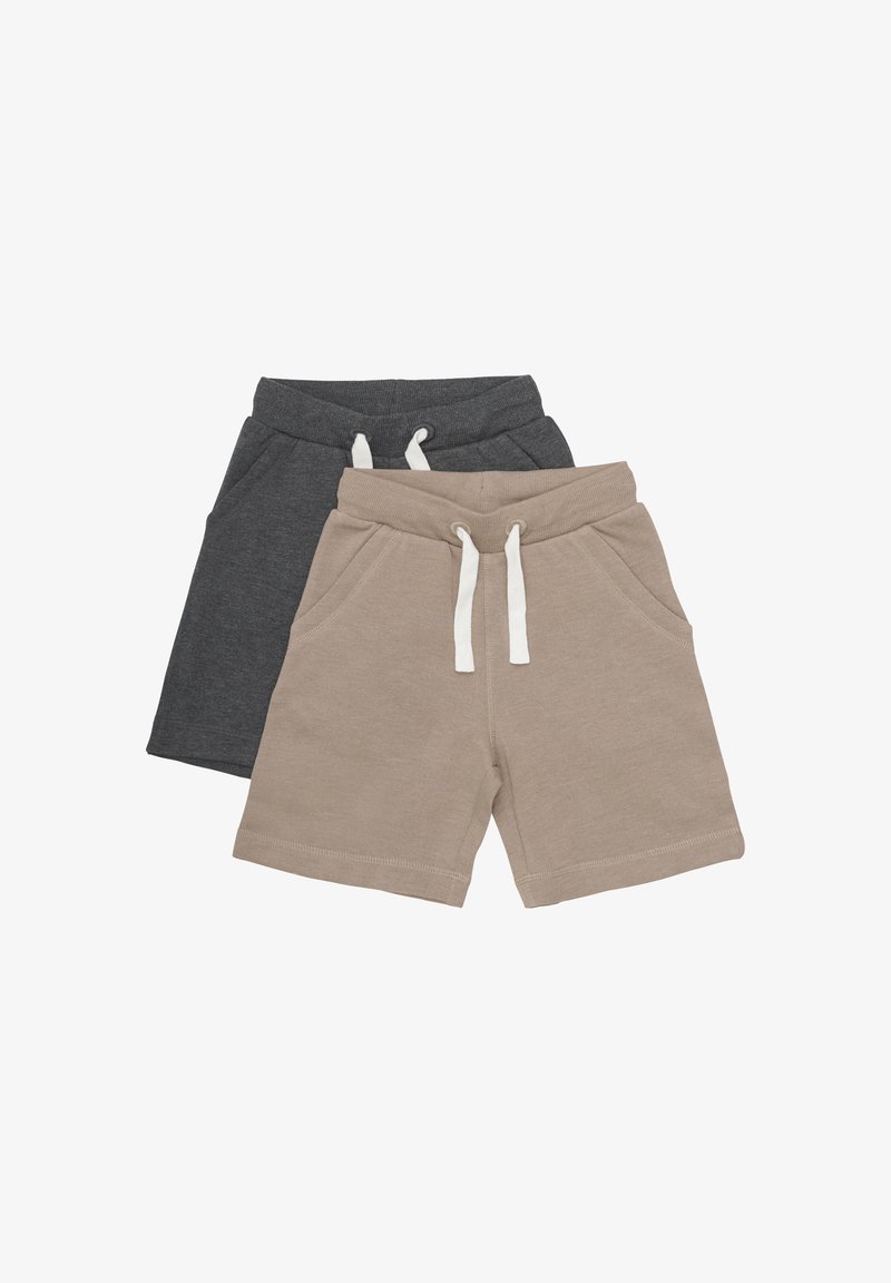 Deux paires de shorts en coton : une gris foncé et une beige clair. Les deux possèdent une taille élastique, un cordon de serrage et des poches latérales.