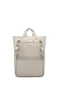 Beige, téglalap alakú vászontáska, texturált anyagból, felső fogantyúkkal és állítható pántokkal. Elöl zseb található, fém díszítésekkel.