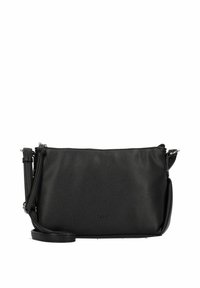 Bolso cruzado de cuero negro con superficie texturizada, correa ajustable, cierre de cremallera y un sutil logotipo en la parte inferior.