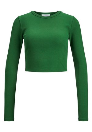 Green ribbed long-sleeve crop top with a round neckline and fitted design. Made from stretch fabric for comfort and ease of movement.