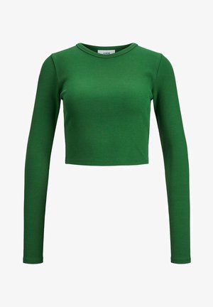 Grünes, geripptes Langarm-Crop-Top mit Rundhalsausschnitt und taillierter Passform. Hergestellt aus dehnbarem Stoff für Komfort und Bewegungsfreiheit.