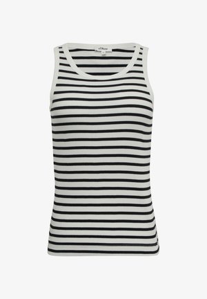 Raidallinen ilmanhiha-tyylinen yläosa, jossa on valkoinen pohja ja mustat vaakaraidat, ribbitekstuuri ja pyöreä pääntie. Brändilogo näkyvissä.