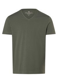 Olivgrünes Baumwoll-T-Shirt mit V-Ausschnitt und kurzen Ärmeln. Glatte Textur, minimale Nähdetails und keine sichtbaren Muster oder Akzente.