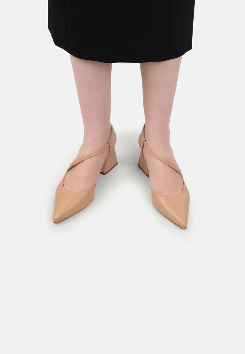 Picioare purtând tocuri blocate în nuanță de nude cu vârf ascuțit și curele asimetrice la glezne, asociate cu o fustă neagră până la genunchi.