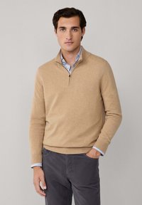Giovane uomo con capelli scuri, che indossa un maglione beige a zip quarti sopra una camicia a righe blu e pantaloni grigio scuro, in piedi con una mano in tasca.