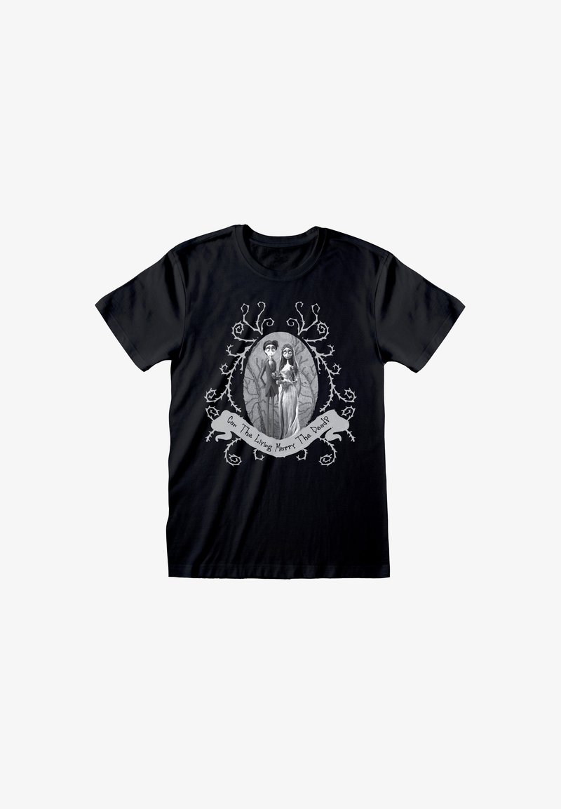 Schwarzes Baumwoll-T-Shirt mit einer grauen Illustration eines Paares in einem dekorativen ovalen Rahmen und dem Text: "Können die Lebenden die Toten heiraten?"
