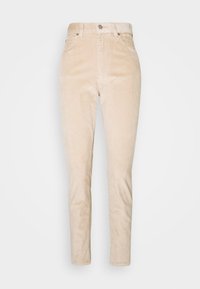 Beige kalhoty z kordu s vysokým pasem, předními kapsami, poutky na pásek a zapínáním na knoflík, zobrazené na bílé pozadí.