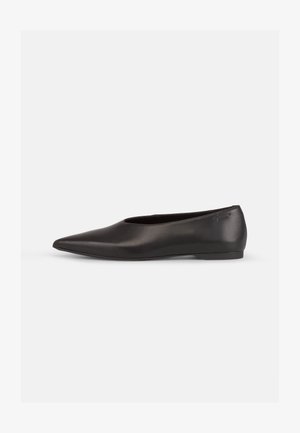 Black flat shoe with a pointed toe, made of smooth leather. Minimalistic design with a low profile and no visible hardware.