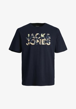 Navy Kurzarmshirt aus Baumwolle, mit dem "JACK & JONES" Logo in einem blättrigen Muster über der Brust, im Crewneck-Design.