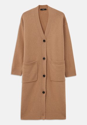 Knit cardigan in light brown, featuring a V-neck, long sleeves, four buttons, and two front pockets with ribbed edges. Soft texture.