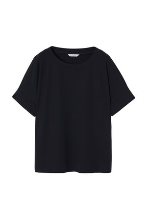 T-shirt nera a maniche corte con scollo rotondo e risvolti, realizzata in tessuto liscio con una vestibilità morbida e un design minimalista.