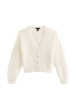 Cardigan blanc duveteux avec col en V, manches longues et cinq gros boutons sur le devant. Texture douce et coupe courte.