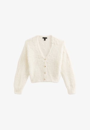Witte, zachte cardigan met een V-hals, lange mouwen en vijf grote knopen aan de voorkant. Zachte textuur en kort model.