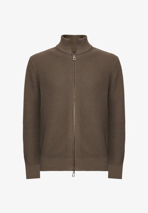 Maglione marrone con cerniera, dalla texture a coste, collo alto e cerniera a contrasto. Presenta maniche lunghe e un orlo aderente.
