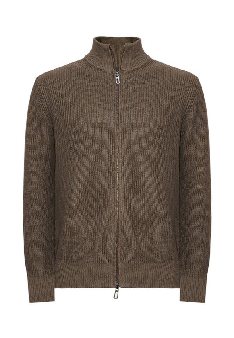 Maglione marrone con cerniera, dalla texture a coste, collo alto e cerniera a contrasto. Presenta maniche lunghe e un orlo aderente.