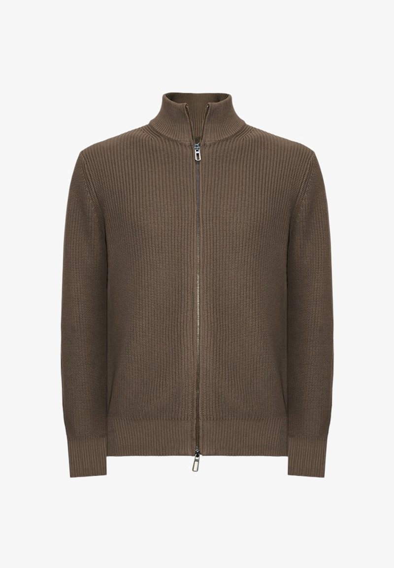Maglione marrone con cerniera, dalla texture a coste, collo alto e cerniera a contrasto. Presenta maniche lunghe e un orlo aderente.
