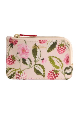 Mała beżowa saszetka na zamek z różowymi kwiatowymi i czerwonymi jagodowymi wzorami, zielonymi liśćmi oraz złotym logo "Cath Kidston" z przodu.