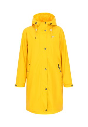 Gele waterdichte regenjas met een capuchon, drukknoopsluiting, trekkoord en een zijzak met rits. Glad, glanzend materiaal met lange mouwen.