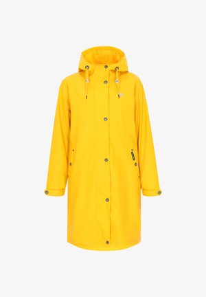 Gele waterdichte regenjas met een capuchon, drukknoopsluiting, trekkoord en een zijzak met rits. Glad, glanzend materiaal met lange mouwen.