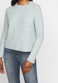 Ljusgrön, strukturerad tröja med rund halsringning och långa ärmar, kombinerad med mörka jeans i denim. Tröjan är kortskuren.