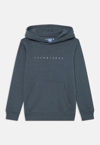Sweat à capuche gris avec une poche frontale, arborant un logo blanc "JACK&JONES". Il possède une capuche à cordon de serrage et des poignets et un ourlet côtelés. Texture lisse.