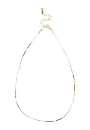 Delicate gold chain necklace with small, colorful cylindrical beads in blue, orange, pink, gray, and gold, featuring an adjustable clasp.