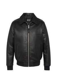 Schwarze Bomberjacke aus Leder mit Reißverschluss vorne, spitzem Kragen, Seitentaschen und gerippten Bündchen sowie Saum. Glatte Textur und klassisches Design.