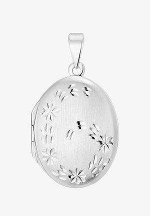Zilveren ovale lockethanger met een geborstelde afwerking, voorzien van gegraveerde bloemenpatronen en een stevige oog voor het ophangen.