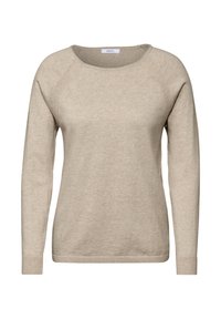 Beige Langarmpullover mit runder Ausschnitt, Raglanärmeln und gerippten Bündchen. Hergestellt aus einem weichen, strukturierten Stoff mit einer lockeren Passform.