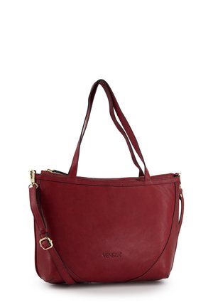 Sac fourre-tout en cuir rouge avec double bretelle, fermeture zippée et finition texturée subtile. Présente un accent en métal doré.