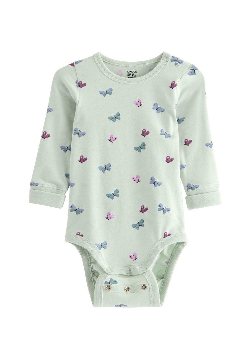 Ljusgrön långärmad babybodysuit med tryckknappar, dekorerad med mönster av blå, lila och rosa fjärilar.