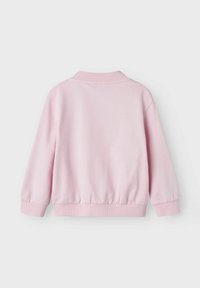 Felpa rosa con colletto e polsini a coste, vita elastica e una texture liscia. Il design è semplice e casual.