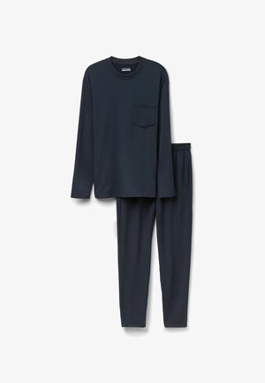 Granatowa bluzka z długim rękawem z kieszonką na piersi oraz pasującymi spodniami z elastycznym pasem, wykonanymi z miękkiego, teksturowanego materiału.