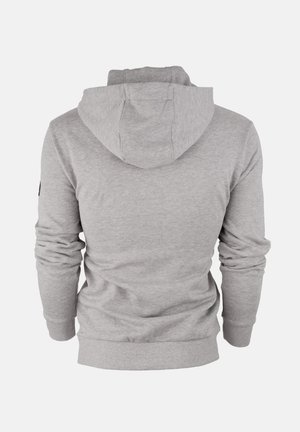 Grijze hoodie met een trekkoordcapuchon, lange mouwen en geribde manchetten. Glad stoftextuur met een eenvoudig ontwerp, zonder zichtbare graphics of patronen.