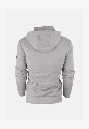 Grauer Hoodie mit Kordelzugkapuze, langen Ärmeln und gerippten Bündchen. Glatte Stoffstruktur mit einem schlichten Design, keine sichtbaren Grafiken oder Muster.