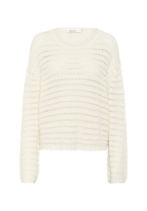 Flauschiger, weißer Strickpullover mit lockerem Schnitt, langen Ärmeln und einem strukturierten, offenen Strickmuster. Detail mit gewelltem Saum.