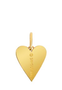 Pendentif en forme de cœur en or avec une surface lisse. Présente le nom de la marque gravé "SINGULARU" d'un côté, attaché par une simple boucle.