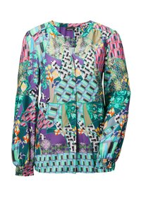 Blusa multicolore realizzata in tessuto leggero, caratterizzata da modelli geometrici in viola, verde e arancione. Include maniche lunghe e dettagli con bottoni.