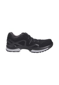 Scarpa sportiva nera con una parte superiore testurizzata, design leggero, accenti grigi e una suola in gomma durevole con un battistrada a motivo.
