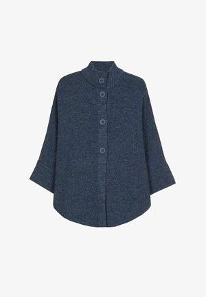 Donkerblauwe gebreide cardigan met een opstaande kraag, vijf grote knopen en driekwart mouwen. Heeft een relaxte, boxy pasvorm en een gestructureerde stof.