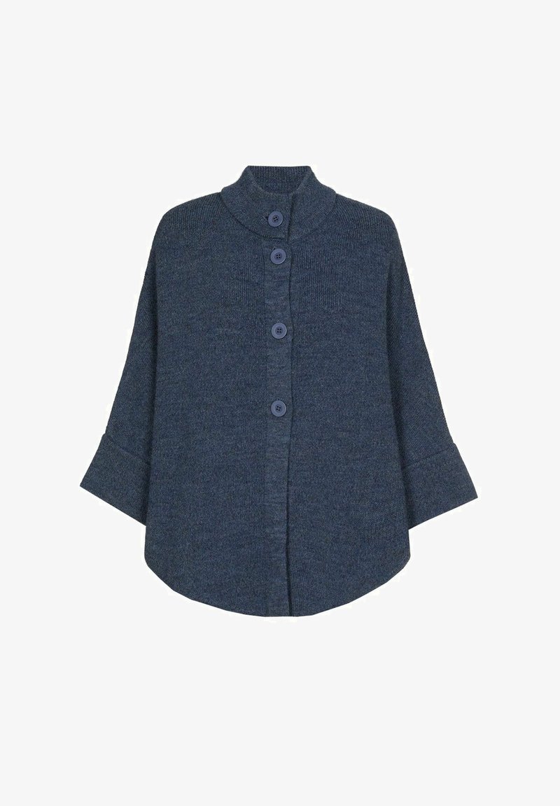 Cardigan tricoté bleu foncé avec un col montant, cinq grands boutons et des manches trois-quarts. Présente une coupe décontractée et ample ainsi qu'un tissu texturé.