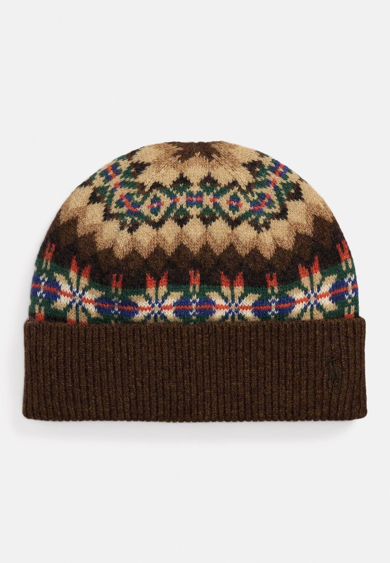 Pletená čepice s vzorovanou vrchní částí v béžové, hnědé a několika barevných akcenty; žebrovaný hnědý lem na spodní části; směsová vlněná tkanina.