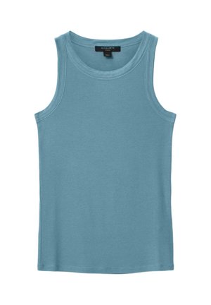 Ärmelloses, geripptes Tanktop in gedämpftem Blau mit rundem Ausschnitt und sichtbarem Markenlabel innen am Kragen.