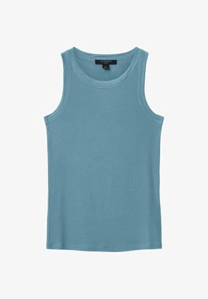 Ärmelloses, geripptes Tanktop in gedämpftem Blau mit rundem Ausschnitt und sichtbarem Markenlabel innen am Kragen.