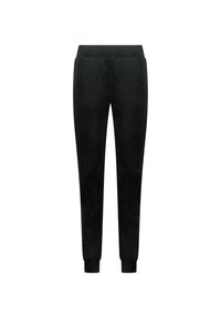 Mustat collegehousut, jotka on valmistettu pehmeästä kankaasta. Ominaisuuksiin kuuluu rento istuvuus, joustava vyötärö ja kapenevat cuffit nilkoissa. Tasainen pinta ilman kuvioita.