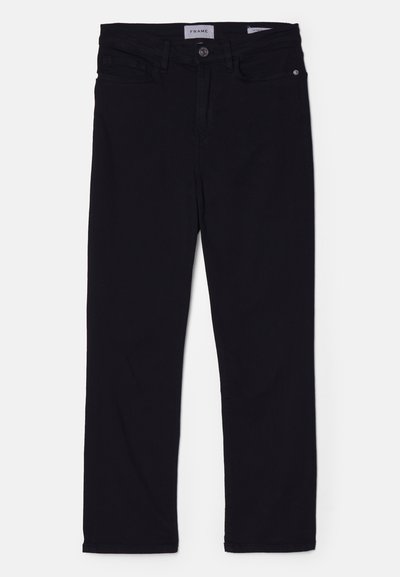 Mustat farkut, joissa on slim fit -leikkaus, etupainike, vyölenkit ja etutaskut. Pehmeä materiaali, jossa on sileä tekstuuri.